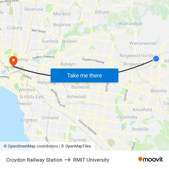 Croydon Railway Station to RMIT University map