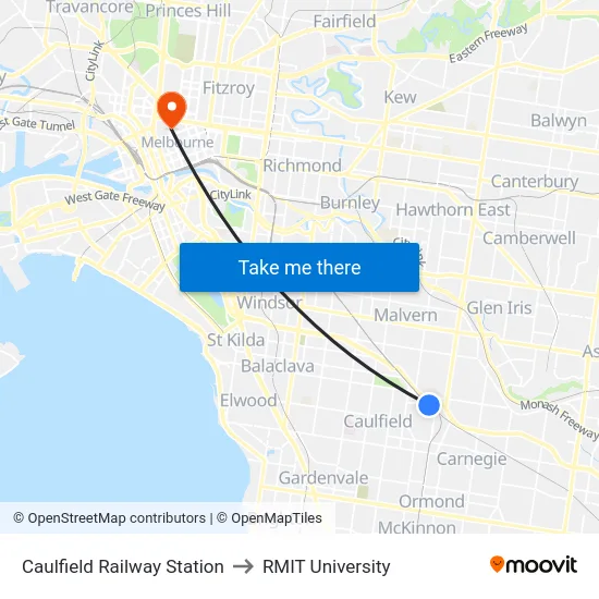 Caulfield Railway Station to RMIT University map