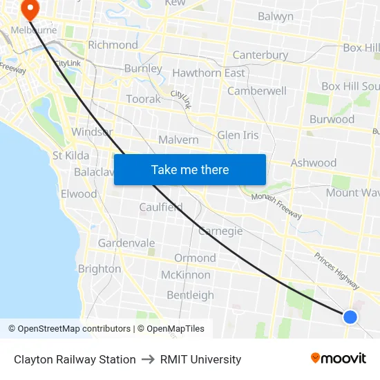 Clayton Railway Station to RMIT University map