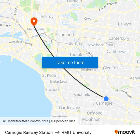 Carnegie Railway Station to RMIT University map