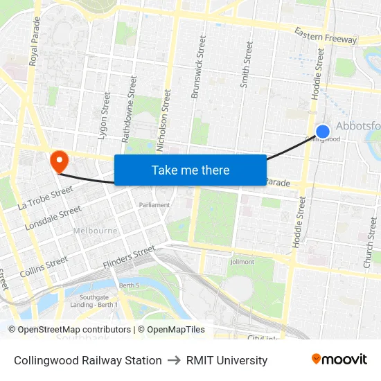 Collingwood Railway Station to RMIT University map