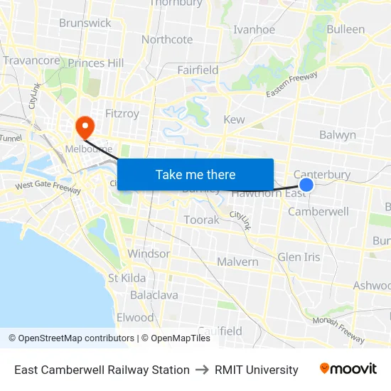 East Camberwell Railway Station to RMIT University map