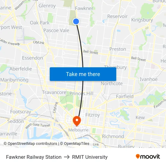 Fawkner Railway Station to RMIT University map