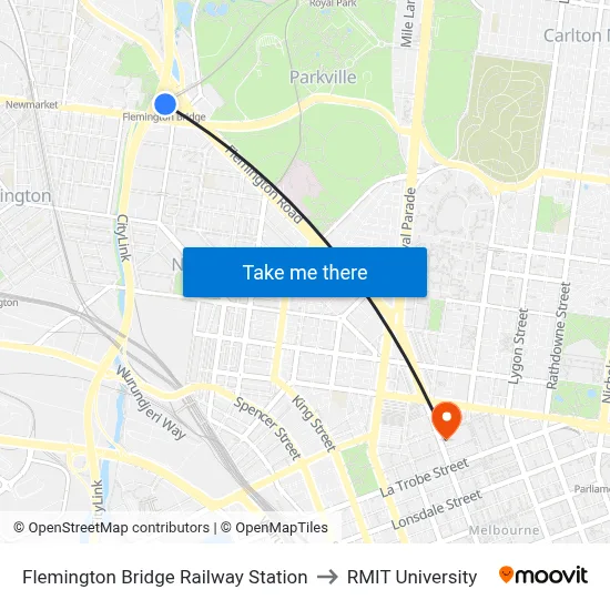 Flemington Bridge Railway Station to RMIT University map