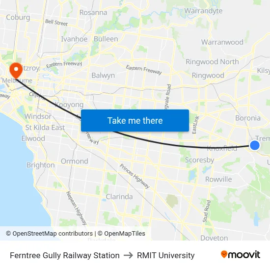 Ferntree Gully Railway Station to RMIT University map