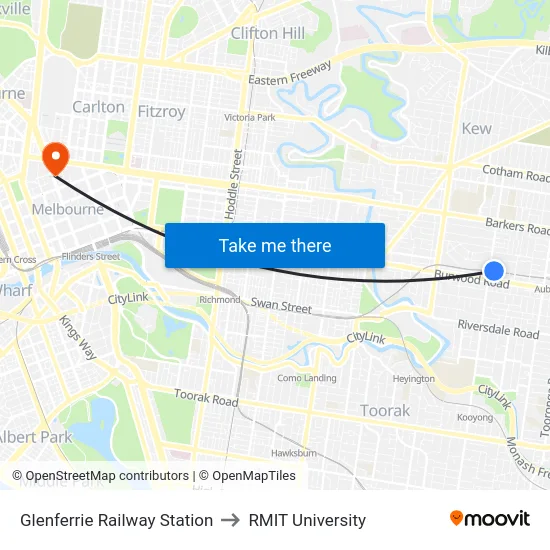 Glenferrie Railway Station to RMIT University map