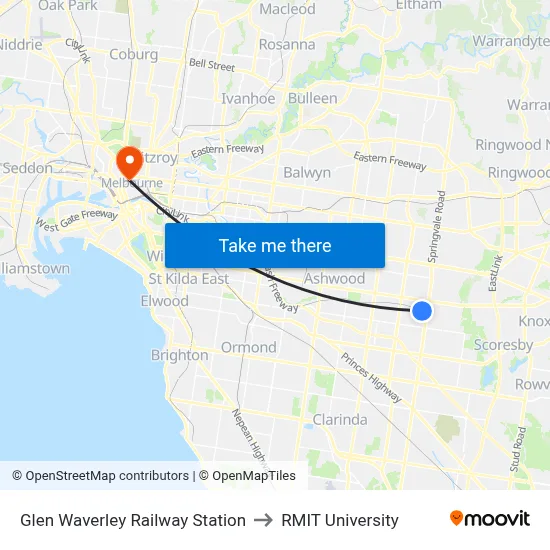 Glen Waverley Railway Station to RMIT University map