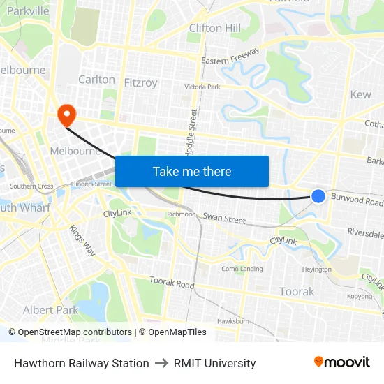 Hawthorn Railway Station to RMIT University map