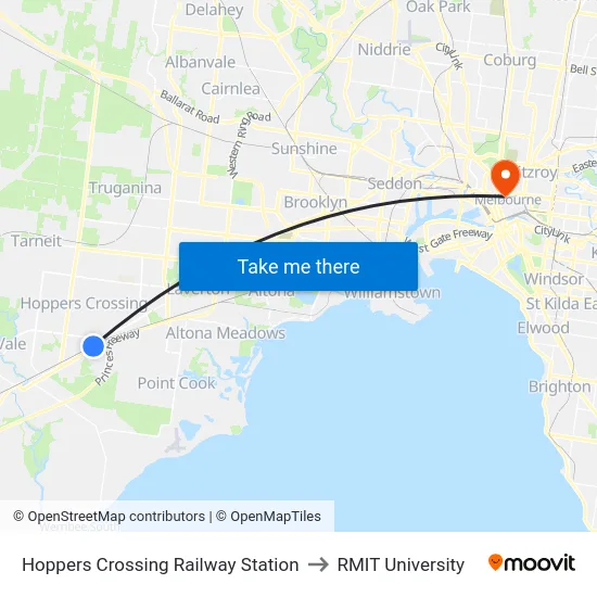 Hoppers Crossing Railway Station to RMIT University map