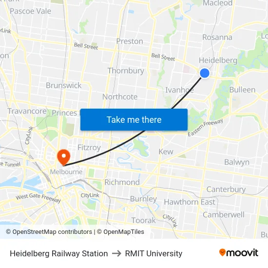 Heidelberg Railway Station to RMIT University map