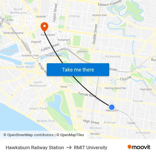 Hawksburn Railway Station to RMIT University map