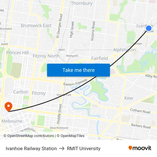 Ivanhoe Railway Station to RMIT University map
