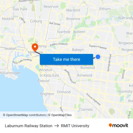 Laburnum Railway Station to RMIT University map