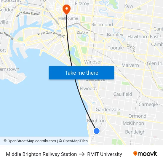 Middle Brighton Railway Station to RMIT University map