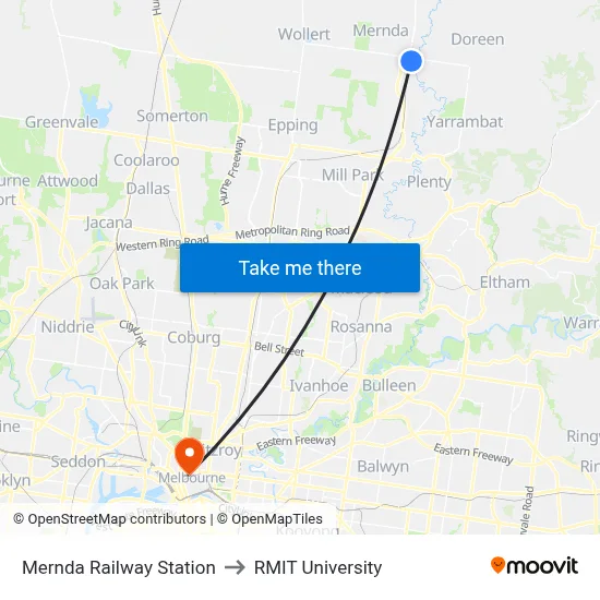Mernda Railway Station to RMIT University map