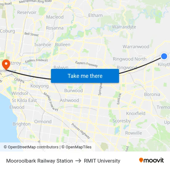 Mooroolbark Railway Station to RMIT University map