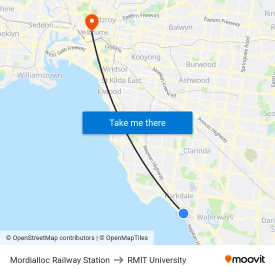 Mordialloc Railway Station to RMIT University map