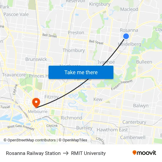 Rosanna Railway Station to RMIT University map