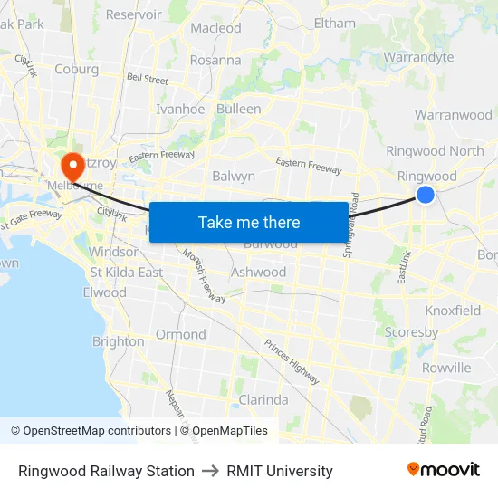 Ringwood Railway Station to RMIT University map