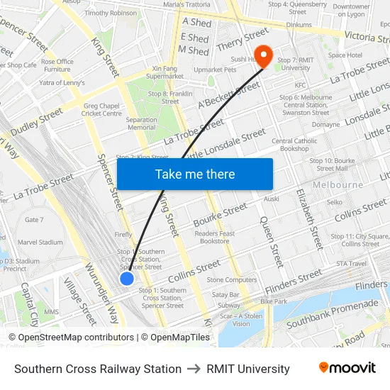 Southern Cross Railway Station to RMIT University map
