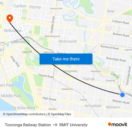 Tooronga Railway Station to RMIT University map