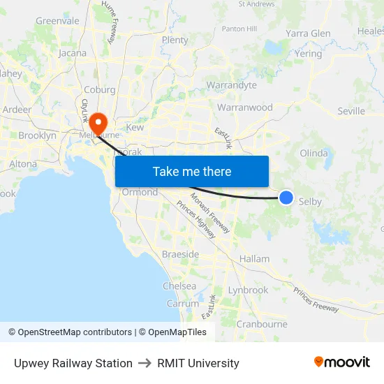Upwey Railway Station to RMIT University map
