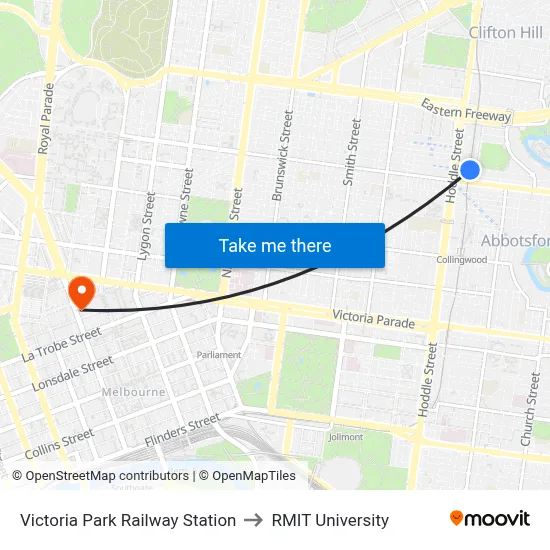 Victoria Park Railway Station to RMIT University map