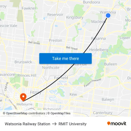 Watsonia Railway Station to RMIT University map
