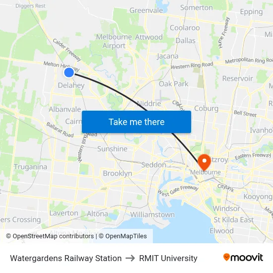Watergardens Railway Station to RMIT University map