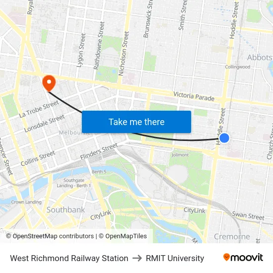 West Richmond Railway Station to RMIT University map