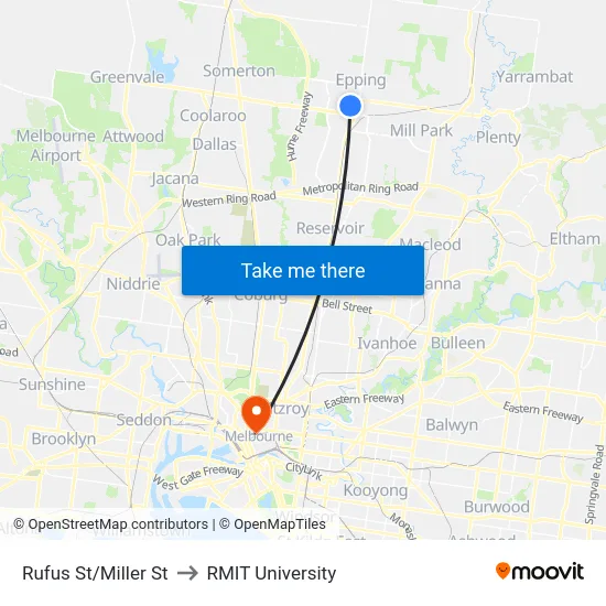 Rufus St/Miller St to RMIT University map