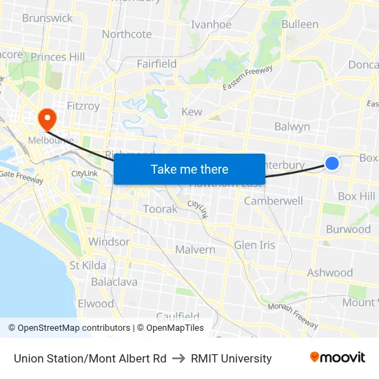 Union Station/Mont Albert Rd to RMIT University map