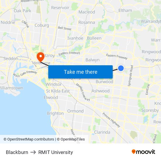 Blackburn to RMIT University map