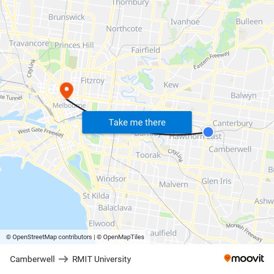 Camberwell to RMIT University map