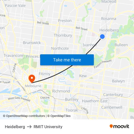 Heidelberg to RMIT University map