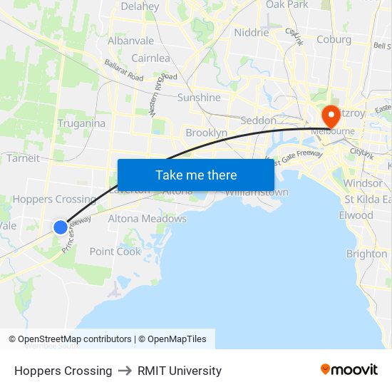 Hoppers Crossing to RMIT University map