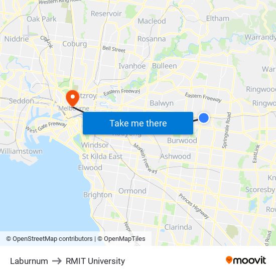 Laburnum to RMIT University map