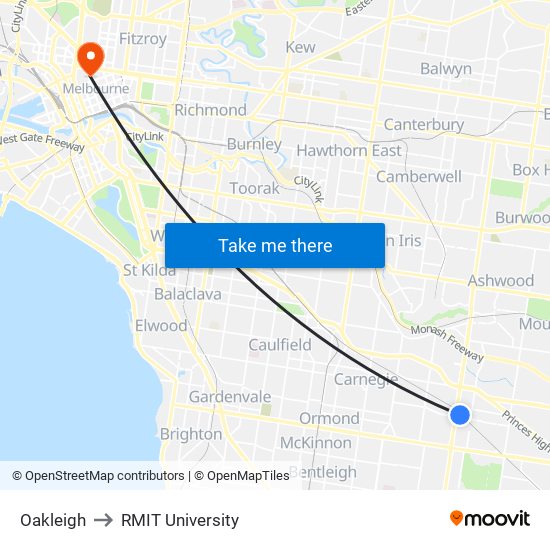 Oakleigh to RMIT University map