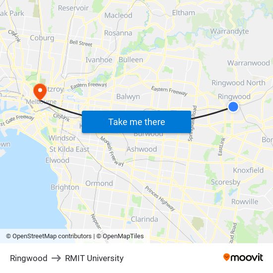 Ringwood to RMIT University map