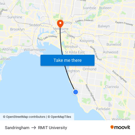 Sandringham to RMIT University map
