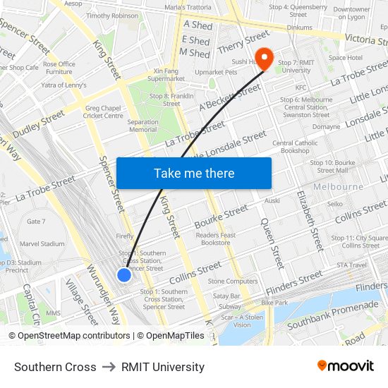 Southern Cross to RMIT University map