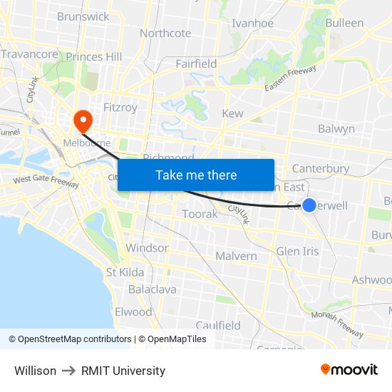 Willison to RMIT University map