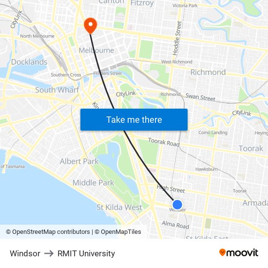 Windsor to RMIT University map