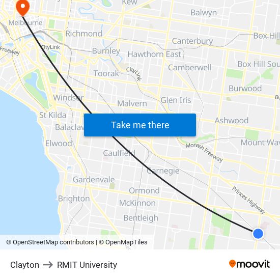 Clayton to RMIT University map