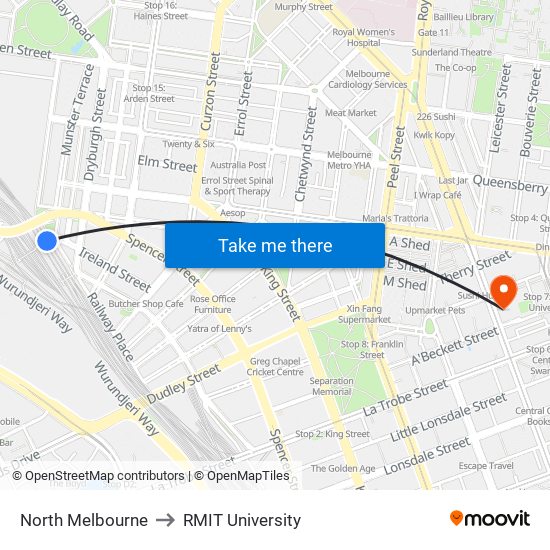 North Melbourne to RMIT University map