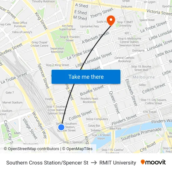 Southern Cross Station/Spencer St to RMIT University map