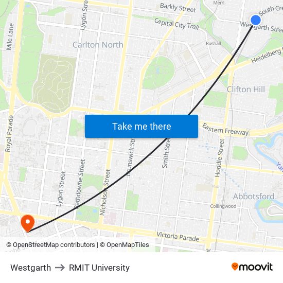 Westgarth to RMIT University map