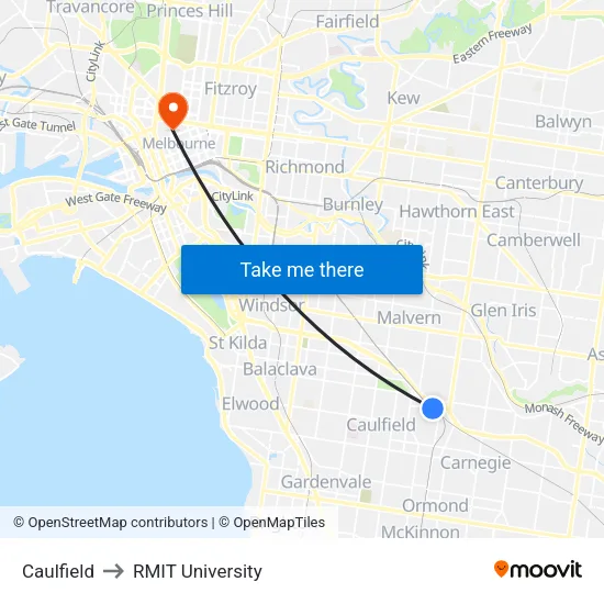 Caulfield to RMIT University map