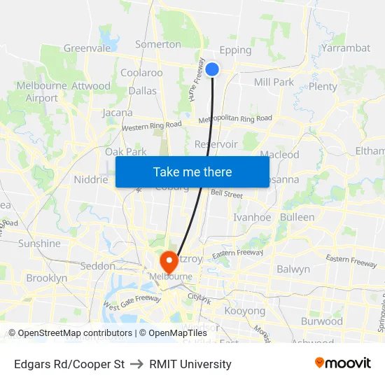 Edgars Rd/Cooper St to RMIT University map