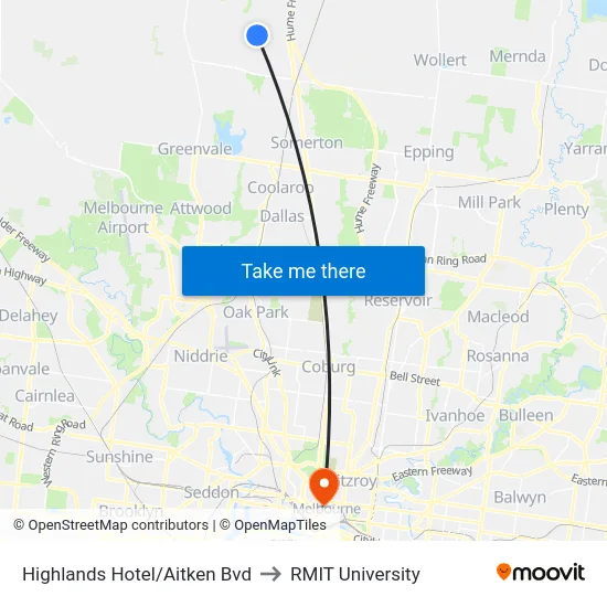 Highlands Hotel/Aitken Bvd to RMIT University map